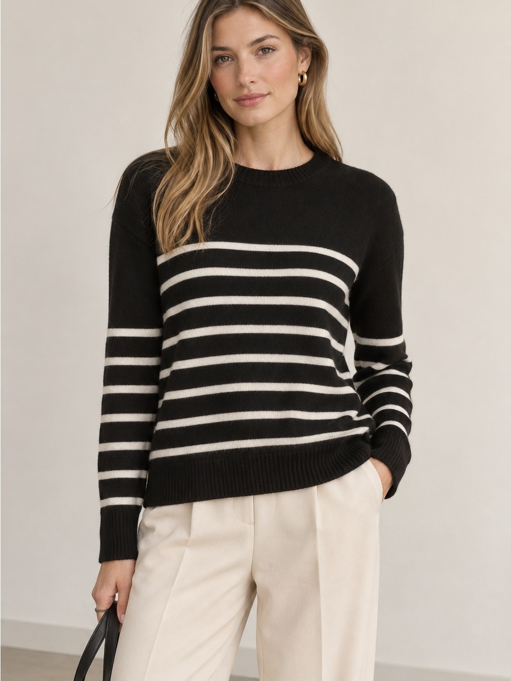 Vince Women’s Black White Striped Tie Back Crewneck Cashmere Sweater size Medium